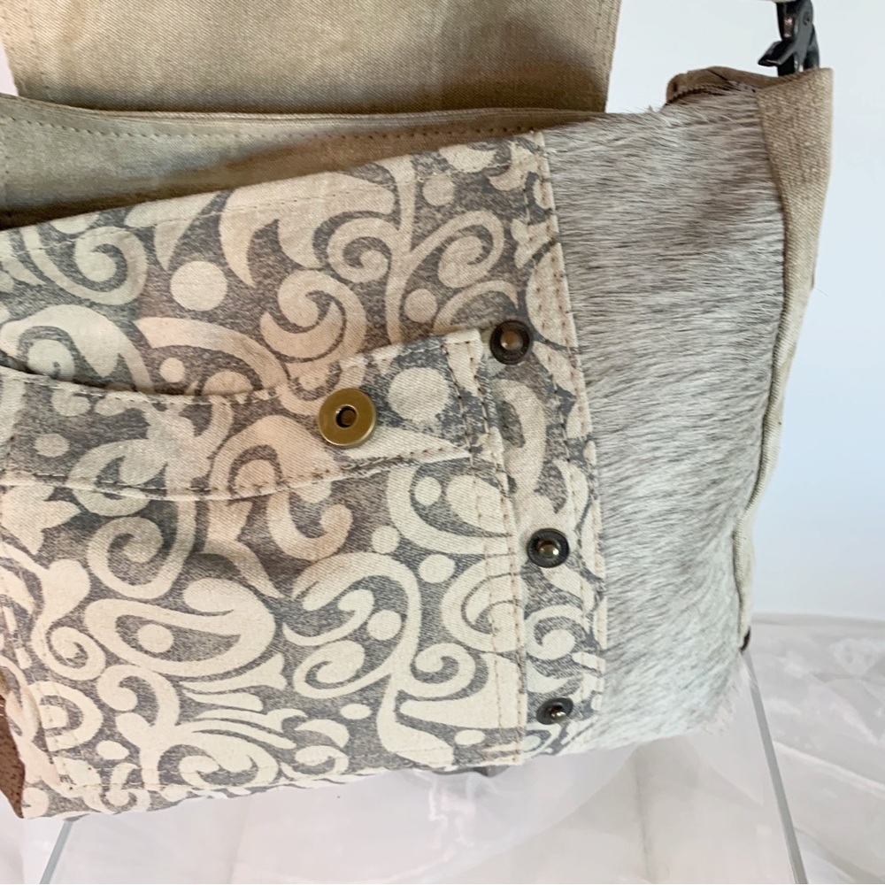 Myra Bag Factual Upcycled Canvas & Cowhide Messenger Bag S-1487 - Picture 5 of 6